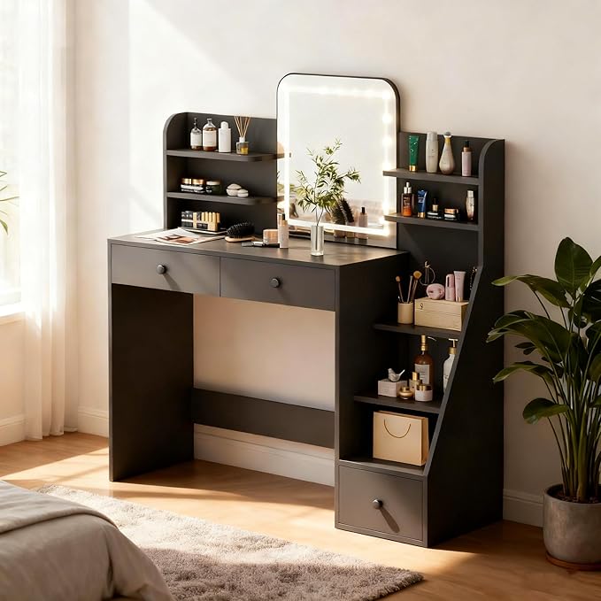 Makeup Vanity Desk with LED Mirror & 5-Tier Sloped Shelves, 7 Open Storage Areas & 3 Drawers, Adjustable 3-Color Lighting Dressing Table