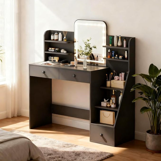 Makeup Vanity Desk with LED Mirror & 5-Tier Sloped Shelves, 7 Open Storage Areas & 3 Drawers, Adjustable 3-Color Lighting Dressing Table