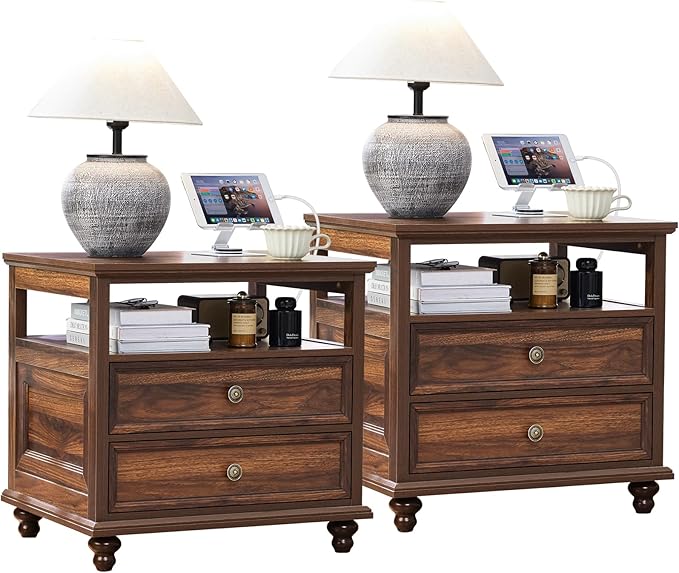 24" Wide Farmhouse Night Stand Set of 2,Large End Table with 2 Drawers & Metal Handle,Brown Wood Dresser for Bedroom, Bed Side Table Chest of Drawers Cabinet, Nightstand for Living Room,Closet