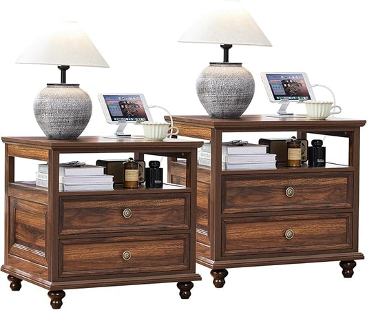 24" Wide Farmhouse Night Stand Set of 2,Large End Table with 2 Drawers & Metal Handle,Brown Wood Dresser for Bedroom, Bed Side Table Chest of Drawers Cabinet, Nightstand for Living Room,Closet