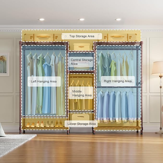 VIPEK Classic V6 Wire Garment Rack Heavy Duty Clothes Rack for Hanging Clothes, 5 Tiers Freestanding Closet Rack Large Size Metal Clothing Rack with 7 Shelves & 4 Hanging Rods, Max Load 850LBS, Bronze