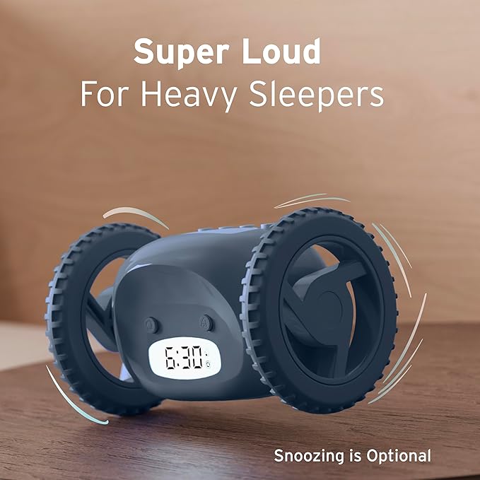 CLOCKY Extra Loud Alarm Clock for Heavy Sleepers on Wheels Rolls Runs Away Vibrating, Easy to Set Super Smart Snooze Digital Bed Shaker Alarm Clock Funny Gift for Adults Kids Teens Bedrooms (Slate)