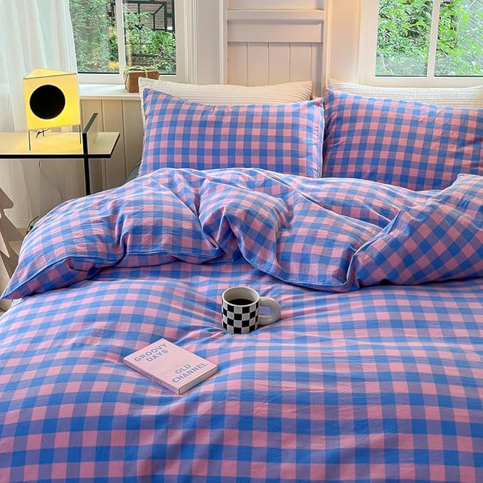 FACE TWO FACE Bedding Duvet Cover Set100% Washed Cotton Duvet Cover Linen Like Textured Breathable Durable Soft Comfy (California King, Blue Purple Grid)