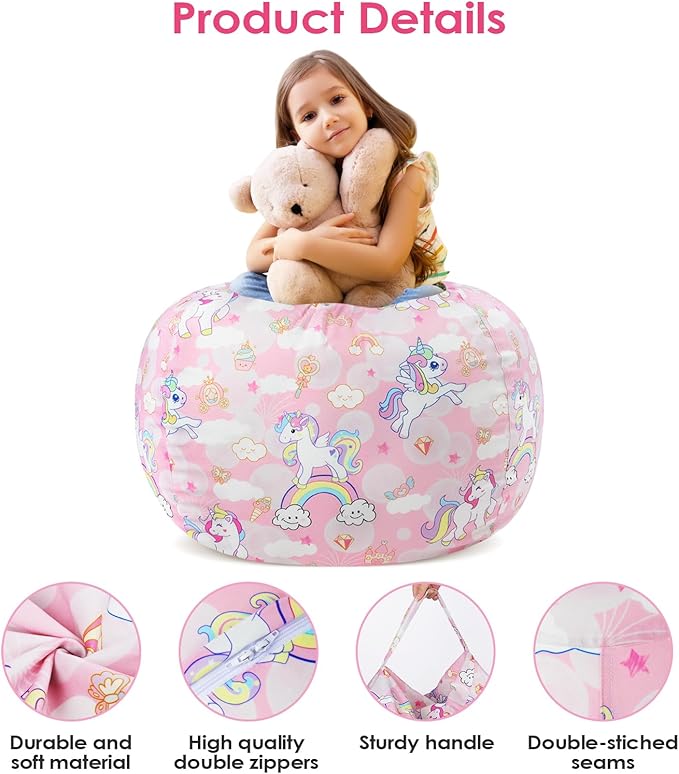 Bean Bag Chair for Kids Stuffed Animal Storage Beanbag Chairs,Toddler Toy Storage Organizer for Girls and Boys,Large 32'' Cover Only（No Filling)