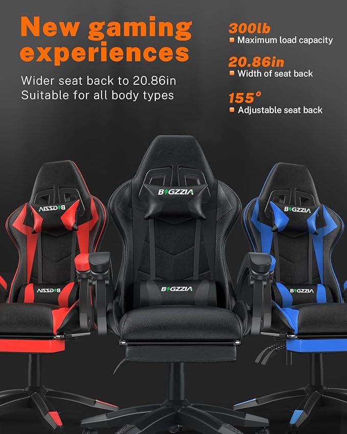 Gaming Chair with Footrest, High Back Ergonomic Computer Gamer Chair with Headrest and Lumbar Support, Racing Style Reclining Game Chair for Adults, Kids (Dark Black)