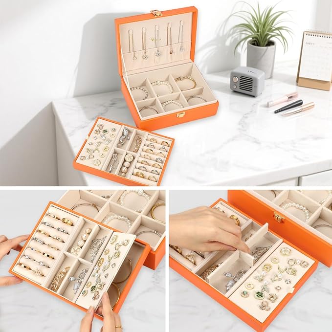 Voova Jewelry Box Organizer for Women Girls, 2 Layer Large Men Jewelry Storage Case, PU Leather Display Jewellery Holder with Removable Tray for Necklace Earrings Rings Bracelets, Vintage Gift,Orange