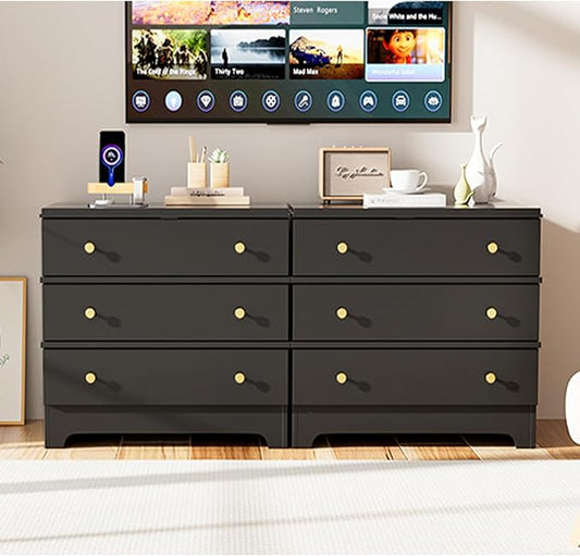 3 Drawer Nightstand with Charging Station,28" Farmhouse Night Stand & Modern Bedside Table, Wood End Table Storage Cabinet for Hallway, Entryway,Black Set of 2