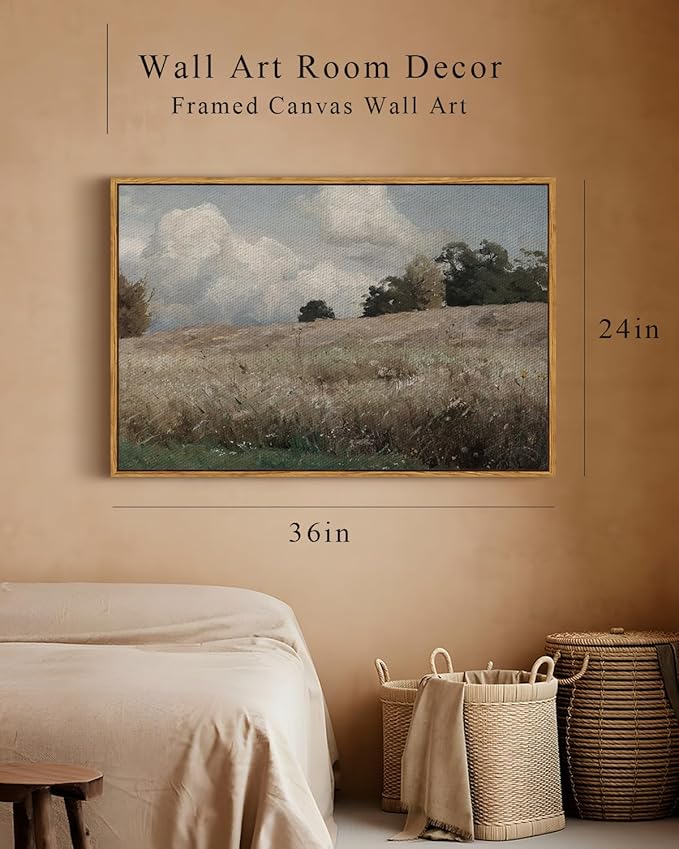 InSimSea Framed Canvas Wall Art Vintage Decor, Farmhouse Scenery Vast Field Grassland Paintings, Large Prints, Nature Landscape Wall Decoration for Living Room Bedroom Bathroom, 24"x36"