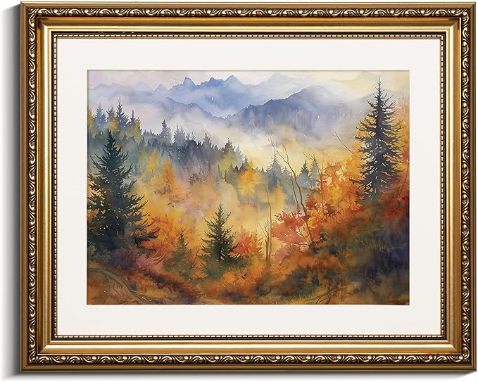 VIYYIEA Gold Framed Wall Art Canvas Print Home Decor Vintage Fall Scenery Bathroom Wall Decor Aesthetic Rustic Fall Wall Art for Kitchen Office Bedroom Autumn Forest Landscape Room Decor 13x16in