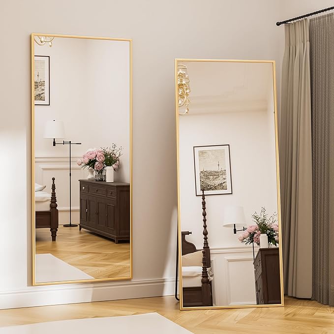 Antok Full Length Mirror, 71"x28" Floor Mirror with Stand, Hanging Mounted Mirrors for Bedroom, Living Room, Cloakroom, Dining Room, Gold, Rect