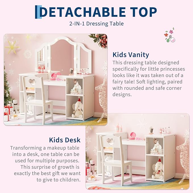 GarveeHome Kids Vanity with Lights Storage Cabinet & Touch Light Detachable Tri-Folding Mirror, 2 in 1 Toddler Vanity Table & Chair Set Wooden Girls Vanity Dress Table for Girls