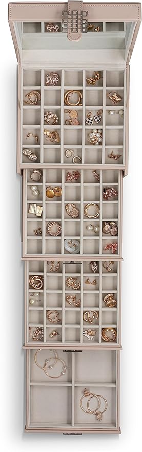 Earring Organizer Holder - 75 Small & 4 Large Slots Classic Jewelry Box with Drawer & Modern Closure, Mirror, 4 Trays Earrings, Ring or Chain Storage - PU Leather Case - Sand