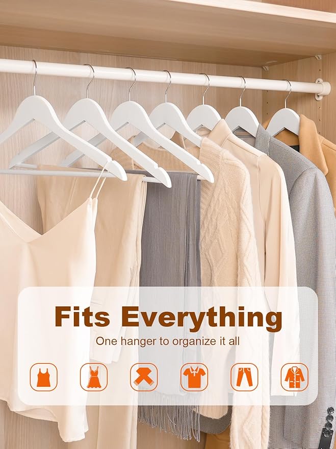 HOUSE DAY White Wooden Hangers 10 Pack, Solid Wood Hanger with Non Slip Pant Bar, Heavy Duty Wooden Coat Hanger for Closet, Smooth Finish Wood Clothes Hangers for Shirts, Suits Jackets, Dress