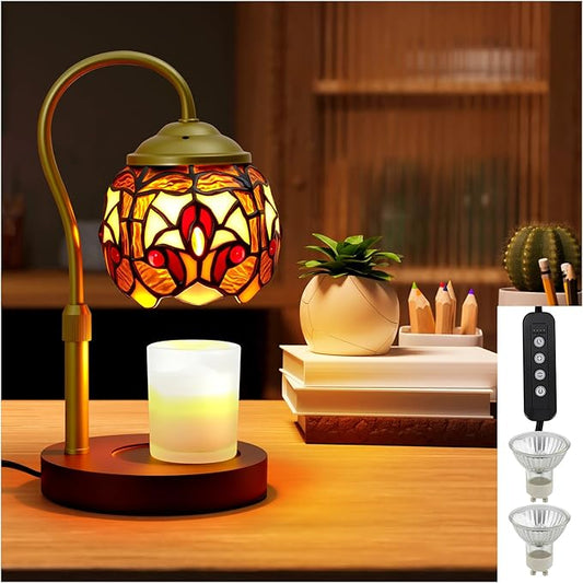 Candle Warmer Lamp with Timer Dimmer, Adjustable Height Candle Warmer for Jar Candles, Birthday Gifts for Women New Home Bedroom Decor Tiffany Baroque Style Stained Glass with 2 Bulbs