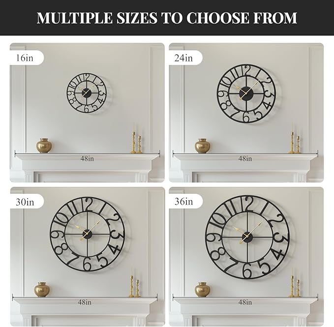 Black 16 Inch Wall Clock Decorative, Modern Metal Clock for Lving Room, Battery-Operated Silent Non Ticking Arabic Numerals Wall Clocks for Bedroom, Kitchen, Dining Room, Office