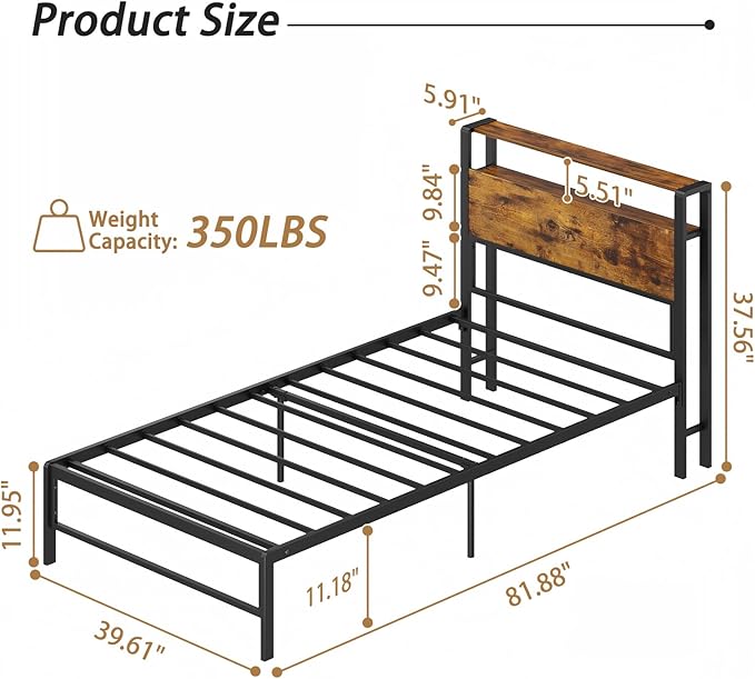 Weehom Twin Bed Frames for Kids, Twin Size Bed with 2 Tiers Wood Shelves Headboard Under Bed Storage Space No Box Spring Needed Heavy Duty Metal Plaform, Brown