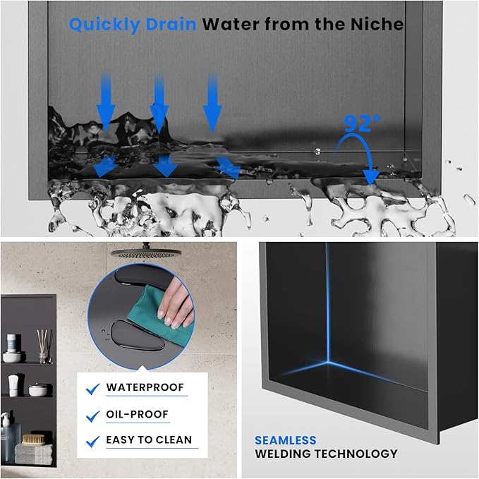 POPFLY 12"x30"x4" Dark Grey Shower Niche, 3 Layer Stainless Steel Recessed Shelf, No Tile Needed Recessed Storage Wall Niche for Bathroom/Laundry Room