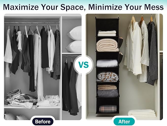 YOUDENOVA Hanging Closet Organizer, 6-Shelf Closet Hanging Storage Shelves, 2 Packs, Black
