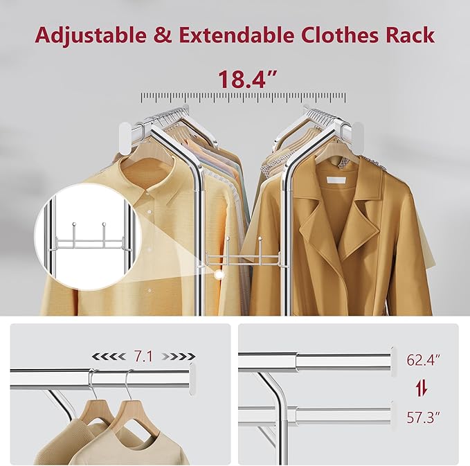 Tajsoon Double Rod Clothes Rack 480 LBS, Heavy Duty Clothing Rack with Wheels, Collapsible Clothes Rack for Hanging Clothes, Commercial Rolling Garment Rack with Shelf, Chrome