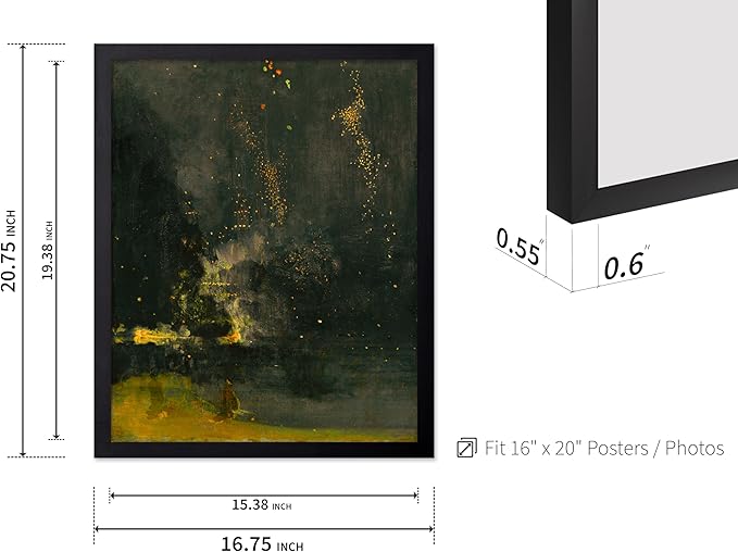 Poster Master Vintage Nocturne in Black and Gold Painting Poster - Retro The Falling Rocket Print - Abstract Art - Moody Art - Landscape Art - Office or Living Room Decor, 16x20 Black Framed