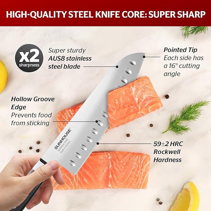 Sunhouse Santoku Knife 7 inch,AUS-8 Stainless Steel – Superior 59HRC Hardness, Full Tang, Ergonomic Handle, Perfect Gifts for Mom or Dad,Premium Gifts