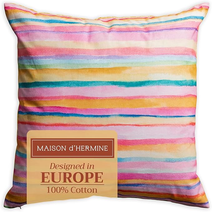 Maison d' Hermine Decorative Pillow Covers 18 x 18 Inch Square 100% Cotton Throw Pillow Covers with Invisible Zipper for Living Room Couch, Chair, Sofas, Bedroom, Home (Hesperides - Bayadere)