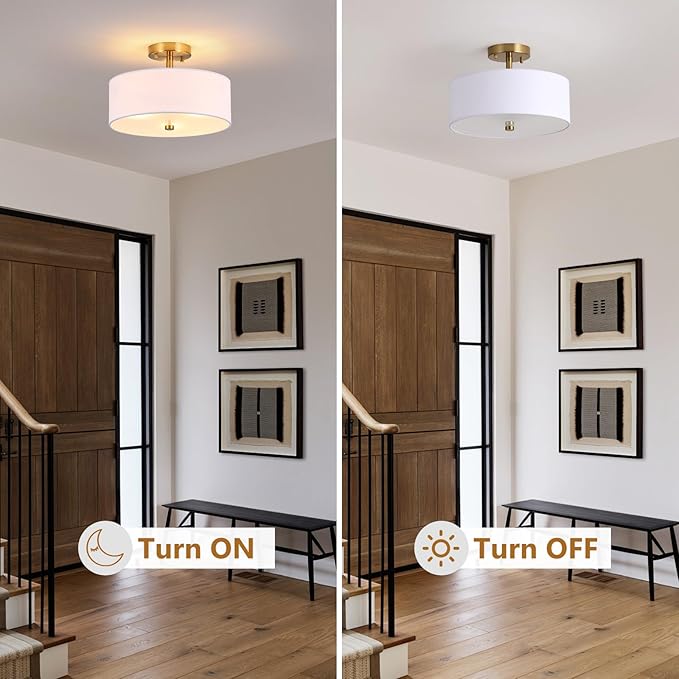 3-Light Gold Semi Flush Mount Ceiling Light,12" Drum Light with White Fabric Shade,Modern Close to Ceiling Light for Bedroom, Living Room, Kitchen, Dining Room, Hallway and Entryway