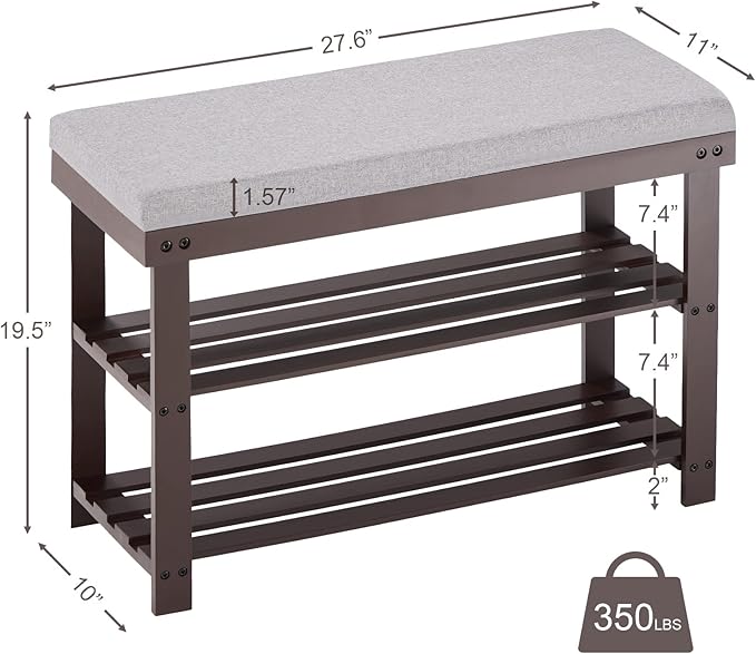 Apicizon 3-Tier Shoe Rack for Entryway, Bamboo Shoe Bench with Cushion Padded Seat, Small Shoe Organizer with Storage for Indoor Entrance Hallway Bedroom Living Room, Brown