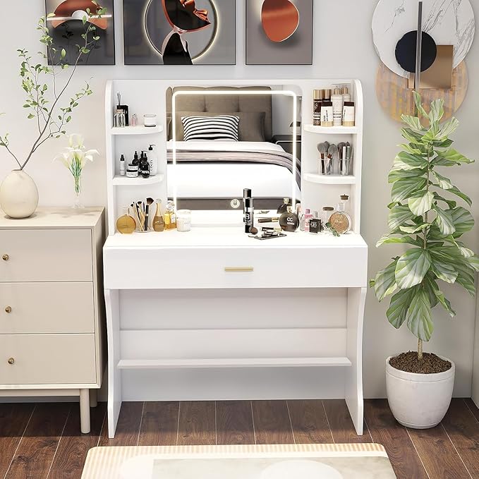 Vanity Desk, Makeup Vanity with LED Light Mirror, Small White Vanity with a Super Large Drawer and Power Outlet, 3 Color Lighting Modes Makeup Table for Bedroom, Dressing Room (White2)