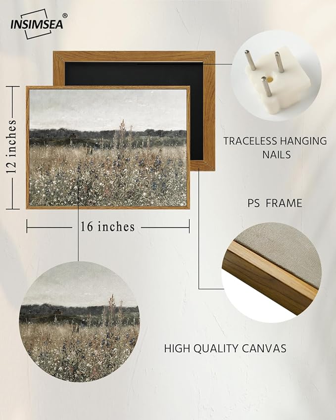 InSimSea Framed Canvas Wall Art Vintage Decor, Classical Oil Painting Canvas Prints Champ fleuri Vintage Wall Art for Home Room Bathroom Decor, 12"x16"