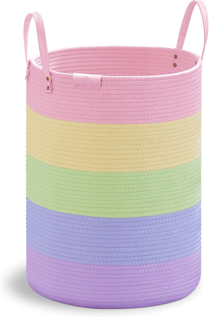 VIPOSCO Tall Laundry Basket, Large Dirty Clothes Hamper with Leather Handle, Woven Rope Storage Basket for Blanket, Toy In Living Room, Bathroom, Bedroom - 58L Rainbow