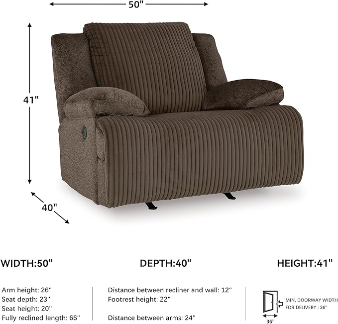 Signature Design by Ashley Top Tier Rocker Recliner, Pull Tab Recliner, Fabric Upholstery, Attached Foam Cushions, 50" W x 40" D x 41" H, Dark Brown