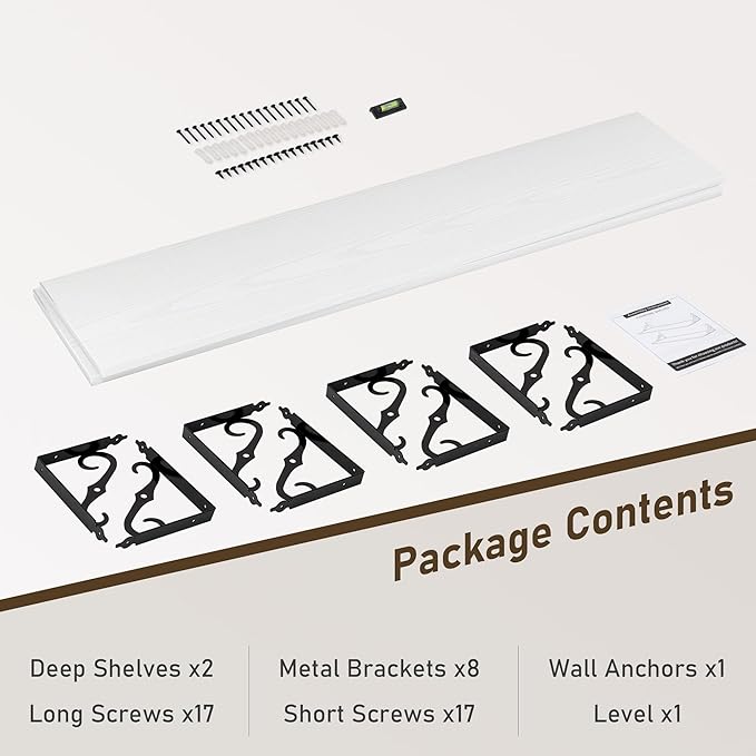 Deep Floating Shelves, 55" W x 12" D Wall Shelves Set of 2, Wide Display Shelf Wall Mounted with Brackets, Bookshelf for Living Room, Bathroom, Bedroom, White