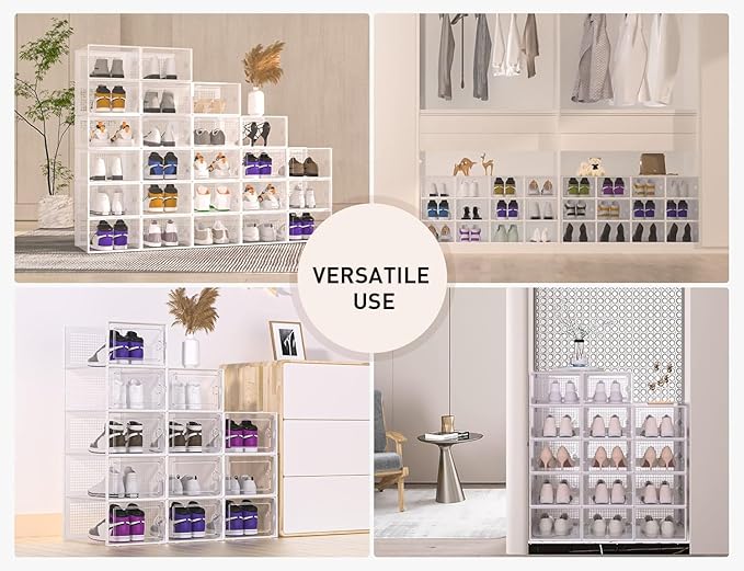 Kuject XX-Large Shoe Storage Boxes Organizers Clear Plastic Stackable 12 Pack, Shoe Rack & Holder Substitute, Sneaker Containers, Toy Storage Organizer Bins for Entryway, Closet, Under Bed, White