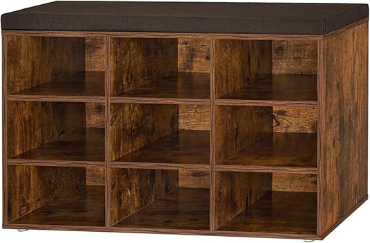DINZI LVJ Shoe Storage Bench with Cushion, Cubby Rack with 9 Cubbies, Adjustable Shelves, Multifunctional Organizer Bench for Entryway, Mudroom, Hallway, Closet and Garage, Rustic Brown