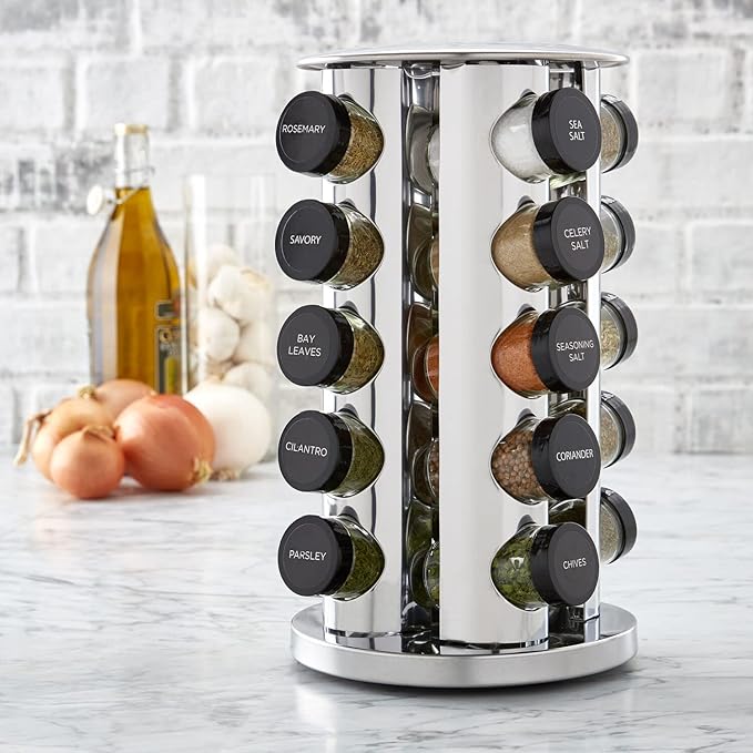 Kamenstein 20 Jar Revolving Countertop Spice Rack with Spices Included, FREE Spice Refills for 5 Years, Polished Stainless Steel with Black Caps, 30020 (Pack of 3)