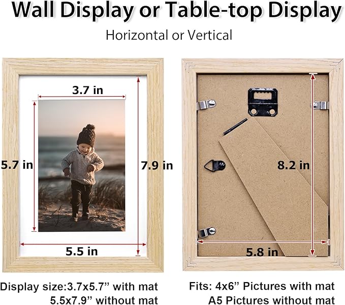 KINLINK A5 Picture Frame Natural, Solid Wood Frames with Acrylic Plexiglass for Pictures 4x6 with Mat or A5 without Mat, Tabletop and Wall Mounting Display, Set of 4
