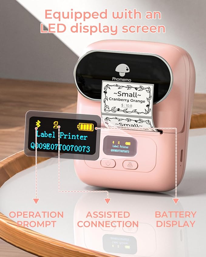 Phomemo Label Printer - M110 Thermal Label Printer Barcode Label Maker Mini Bluetooth Sticker Printer for Small Business, Home, Office, Logo, Address, Name Tag, Clothing, Organizing, Pink