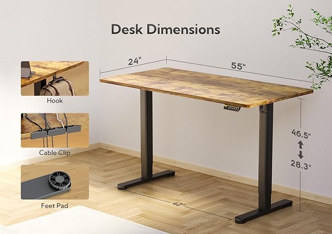 Claiks Electric Standing Desk, Adjustable Height Stand up Desk, 55x24 Inches Sit Stand Home Office Desk with Splice Board, Black Frame/Rustic Brown Top