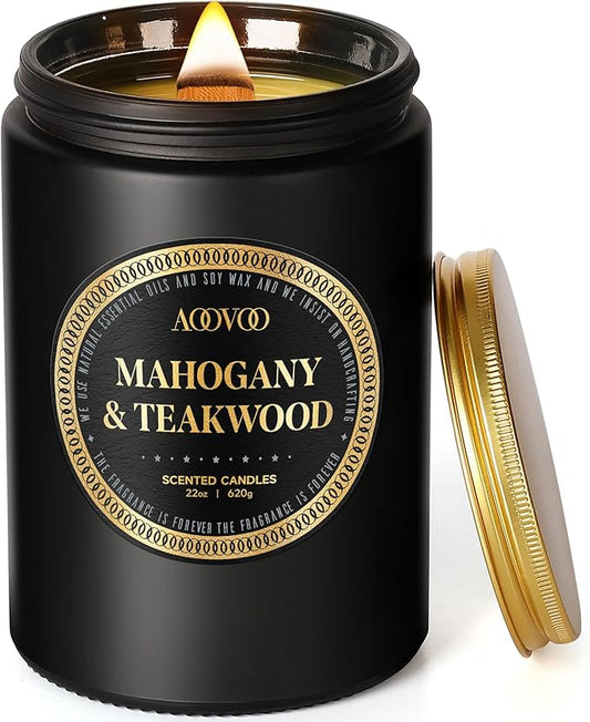 AOOVOO Scented Candles for Men - Large Mahogany & Teakwood Candles for Home Scented | Crackling Wood Wick Soy Candle | Strong Fragranced Masculine Black Candle Gift for Women & Men, 22oz