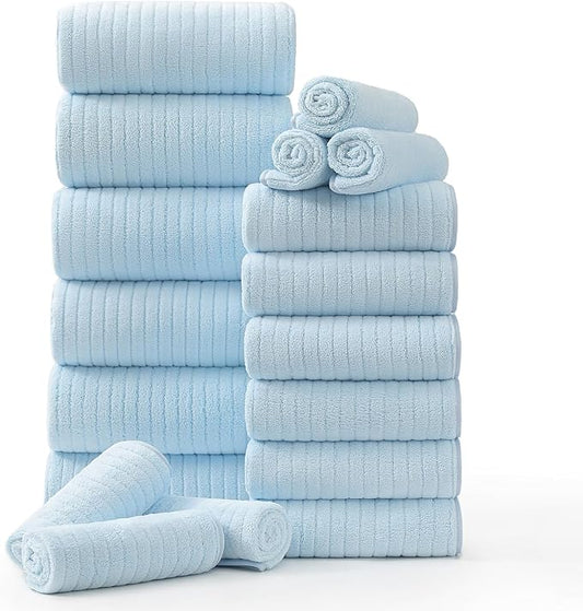 18 Piece Family Bath Towel Set Include 6 Bath Towels,6 Hand Towels and 6 Washcloths Soft Bathroom Towel with Hanging Loops,Highly Absorbent Quick Dry Towels Set for Bathroom,Hotel and Spa-Blue