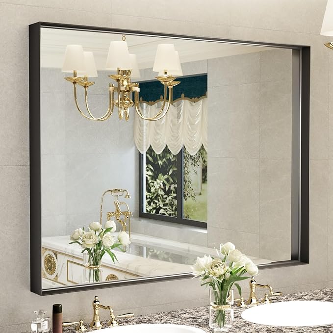 40x30 Inch Black Bathroom Mirrors for Over Sink, Wall Mirror, Metal Framed, Modern Rectangle Mirror, Wall-Mounted Vanity Mirrors Horizontal/Vertical
