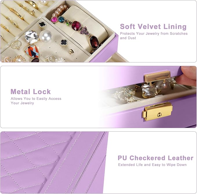 2-Layer Jewelry Box for Women Girls, Jewelry Organizers and Storage with Removable Jewelry Tray, Vintage Quilted Top Lockable Jewelry Holder Gift Idea Light Purple