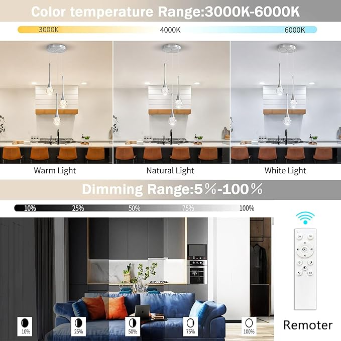 3-Lights Modern Pendant Lights for Kitchen Island LED Dimmable Crystal Glam Ceiling Pendant Lighting Chandelier for Dining Room Hallway Bedroom Corner Lamp Brushed Nickel