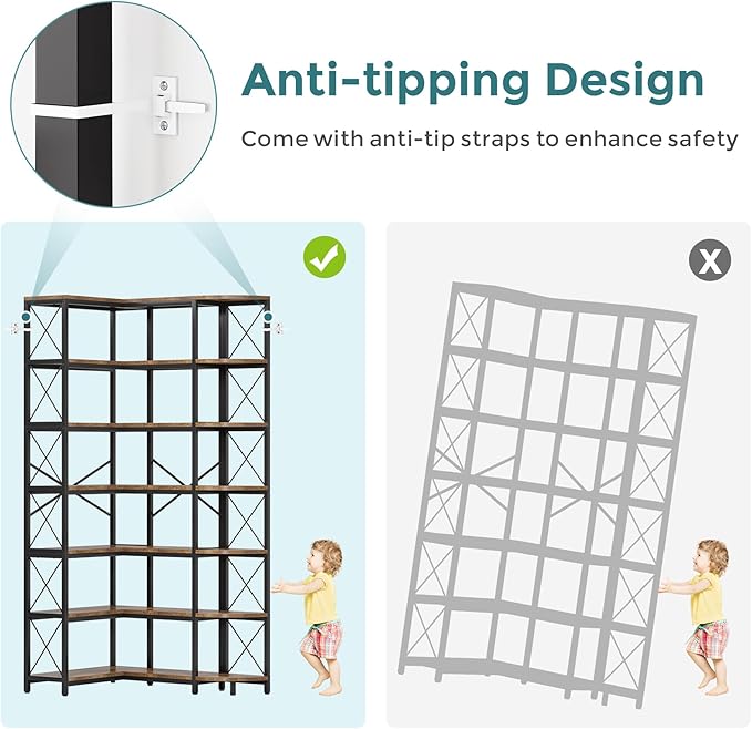 7-Shelf Reversible Corner Bookshelf, Modern Industrial Tall Bookcase, 7-Tier Large L-Shaped Storage Shelf Display Rack with Metal Frame for Living Room, Home Office, Bedroom, Rustic Brown