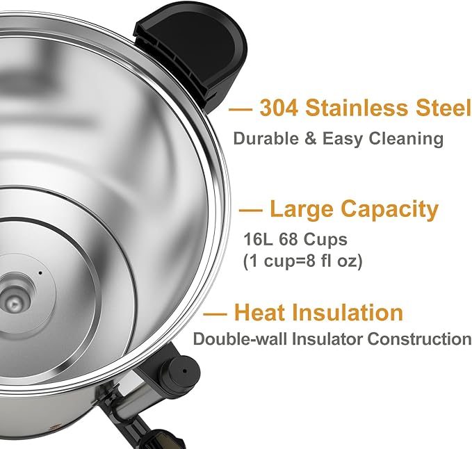 Commercial Coffee Urn, 16L Double Wall Stainless Steel Large Percolate Coffee Maker Electric Hot Water Urn Dispenser for Parties Office Catering Events 68-cup