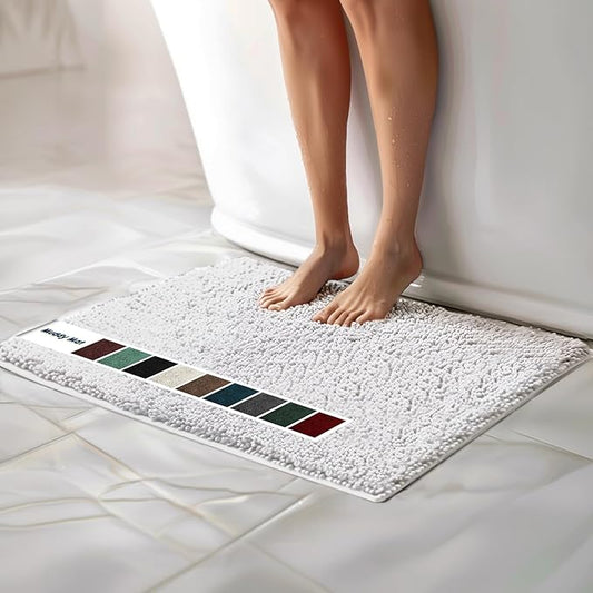 Muddy Mat Chenille Bathroom Rugs Quick Dry Microfiber Mats Non Slip Washable, Extra Thick, Soft and Highly Absorbent Bath Mats for Bathroom, Kitchen, and Shower Floor - White Large 35"X24"