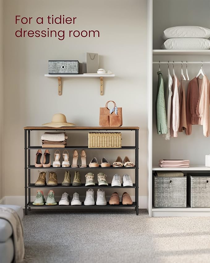 VASAGLE Shoe Rack, 5-Tier Shoe Storage Organizer for Entryway and Closet, Holds 20-24 Pairs of Shoes, 4 Fabric Shelves, Steel Frame, Industrial, Rustic Brown and Black ULBS136B01