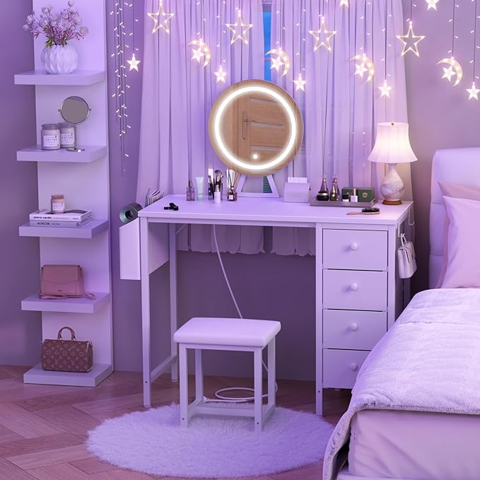 White Vanity Desk with Mirror and Light- Makeup Vanity Set Table with Chair, Storage, Lighted Mirror, 4 Large Fabric Drawers & Power Outlet, Dressing Table Vanities for Girls Bedroom