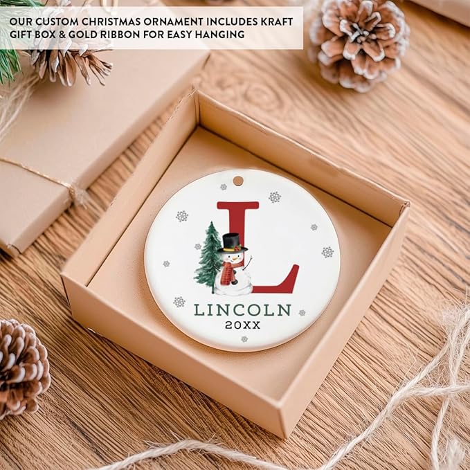 Andaz Press Personalized Ornament, Custom Name, Initial L Monogram Snowman 2.8" Ceramic Porcelain 2025 Christmas Ornament Keepsake for Kids, Boys, Girls, Includes Gold Ribbon & Gift Box, 1-Pack